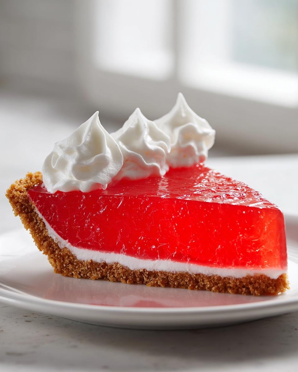 A vibrant slice of Easter Jell O Pie featuring a bright red gelatin layer, white filling, and graham cracker crust, topped with whipped cream.