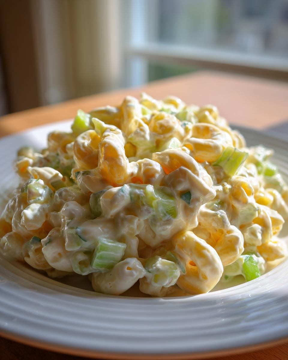 A close-up of a mound of creamy Small Batch Macaroni Salad with visible chunks of celery on a white plate.