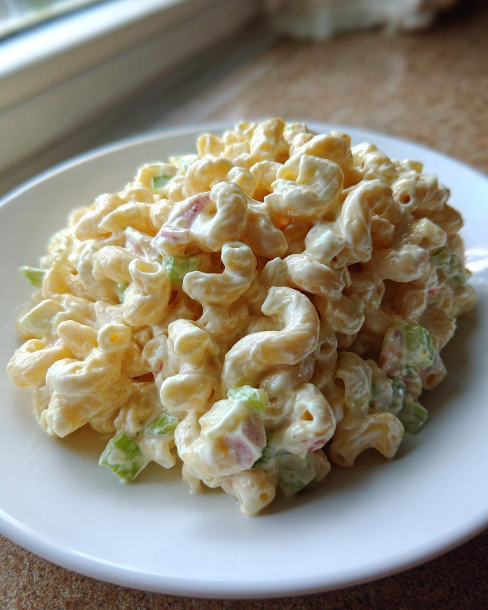 A close-up of a serving of creamy Small Batch Macaroni Salad with visible celery and possibly red onion pieces.