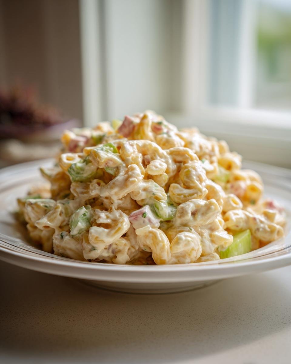A close-up of a generous serving of creamy Small Batch Macaroni Salad piled high on a white plate.