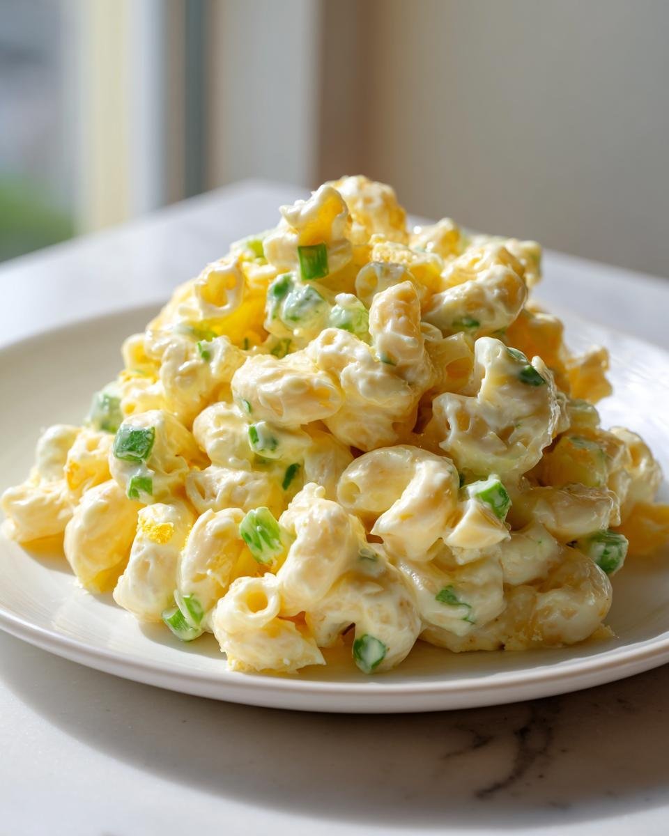 A mound of creamy Small Batch Macaroni Salad with visible elbow macaroni and chopped green onions on a white plate.