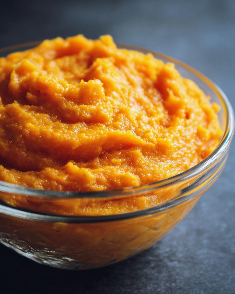 Close-up of vibrant orange, textured pumpkin puree in a clear glass bowl, perfect for 20 Pumpkin Recipes.