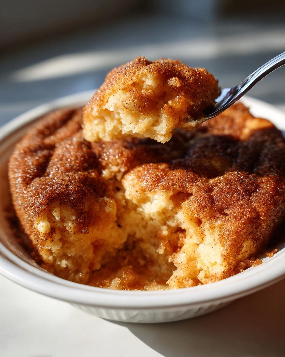 A fork lifting a bite of warm, cinnamon-sugar topped Snickerdoodle Cobbler from a white ramekin.