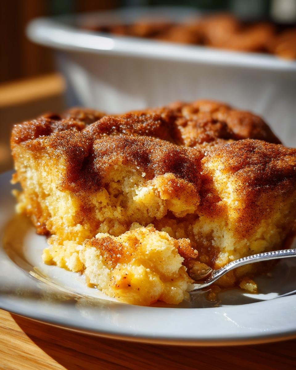 A close-up shot of a warm, moist piece of Snickerdoodle Cobbler on a white plate being lifted by a fork.