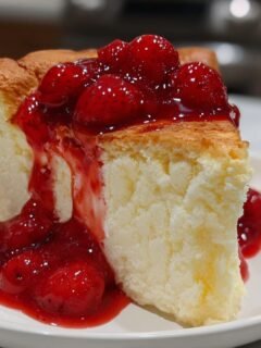A fluffy slice of Soft Cotton Cheesecake With Strawberry Sauce Recipe, topped with glossy strawberry compote.