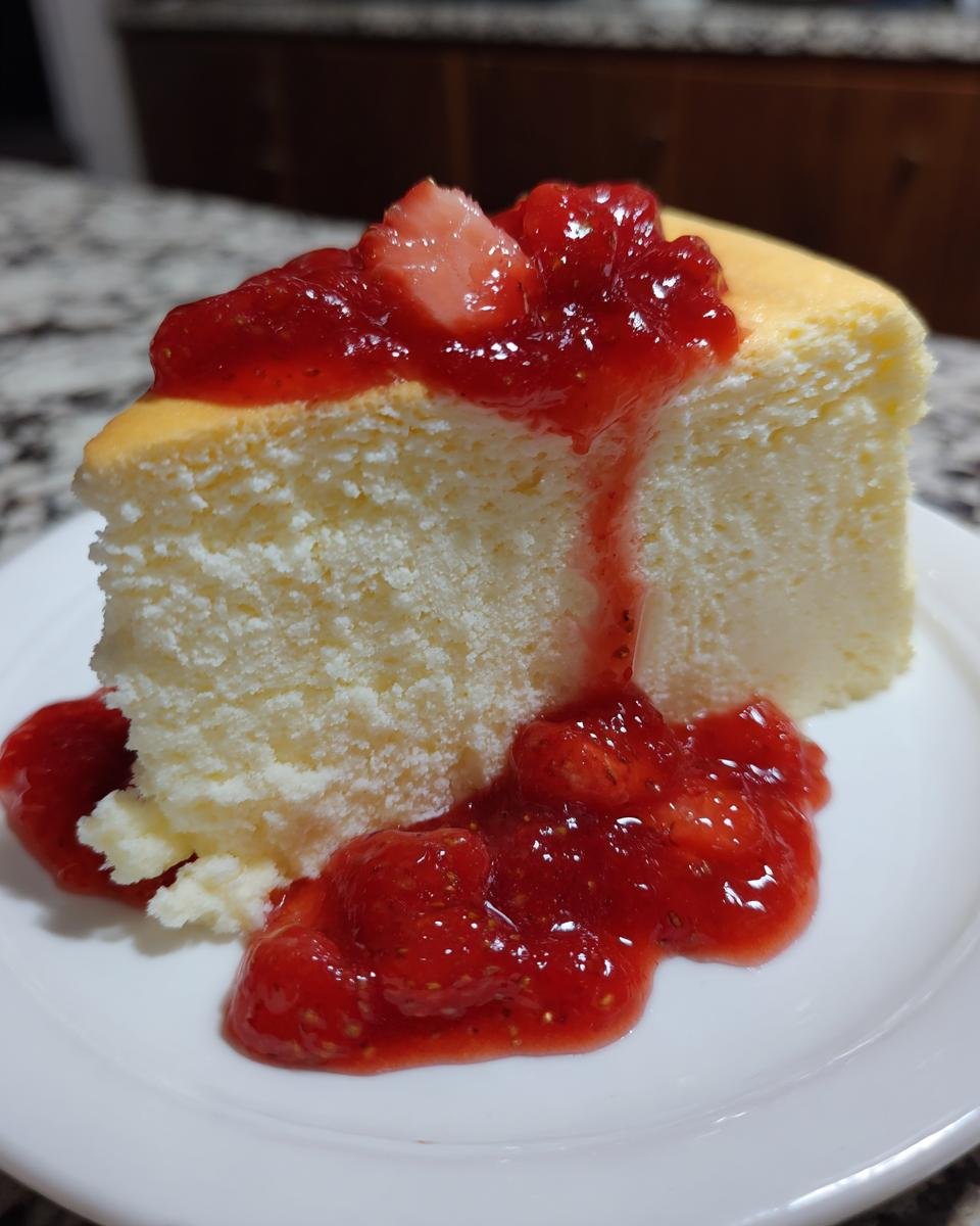 A tall, fluffy slice of Soft Cotton Cheesecake Recipe topped with rich strawberry sauce and fresh strawberry pieces.