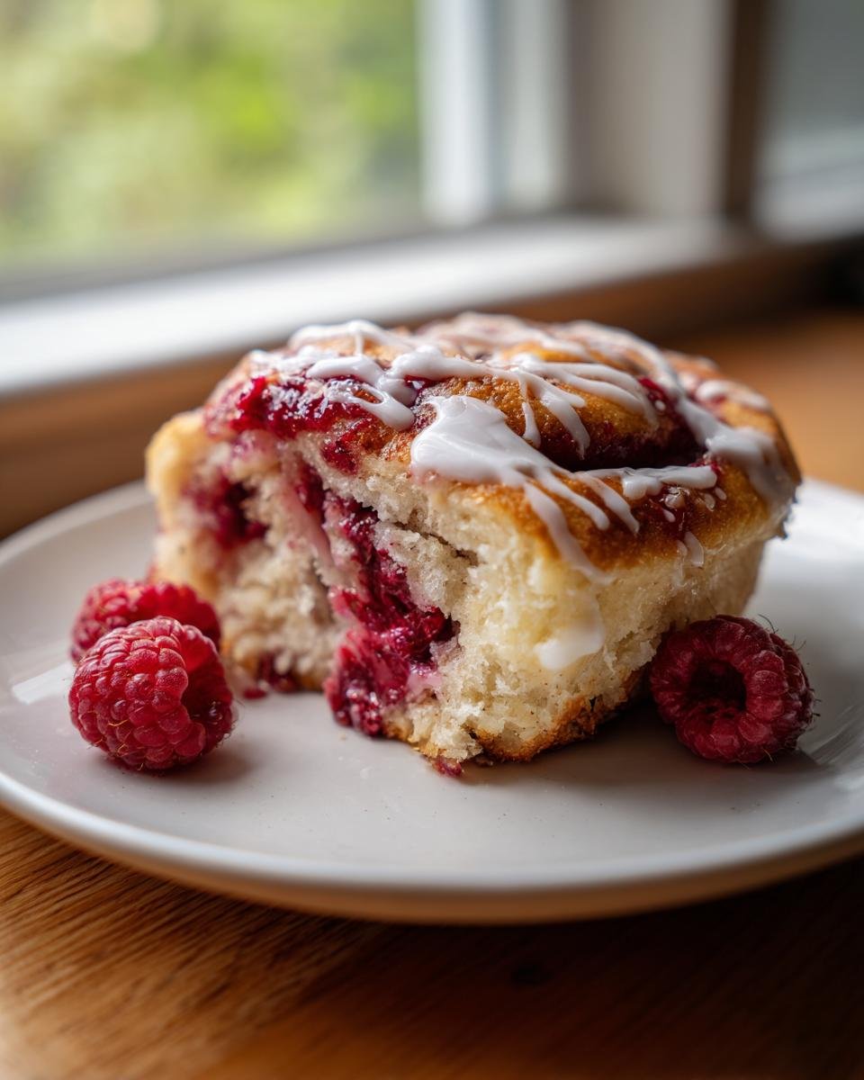 A soft, sliced Raspberry Cinnamon Roll drizzled with white icing, served with fresh raspberries on a plate.