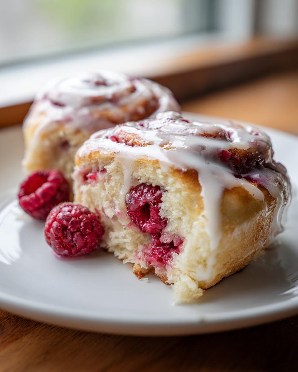 Close-up of a soft Raspberry Cinnamon Roll, cut open to show filling, drizzled with white icing and garnished with fresh raspberries.
