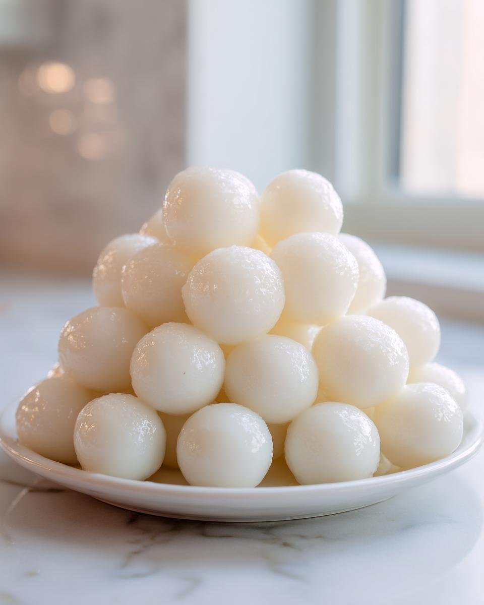 A tall stack of glistening white Spherical Yogurt Recipe balls served on a small white plate.