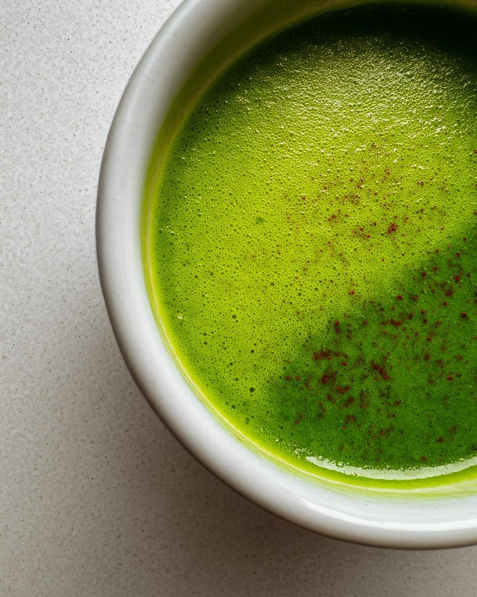 Close-up of bright green, frothy Spicy Avocado and Tomato Soup topped with a sprinkle of red spice.