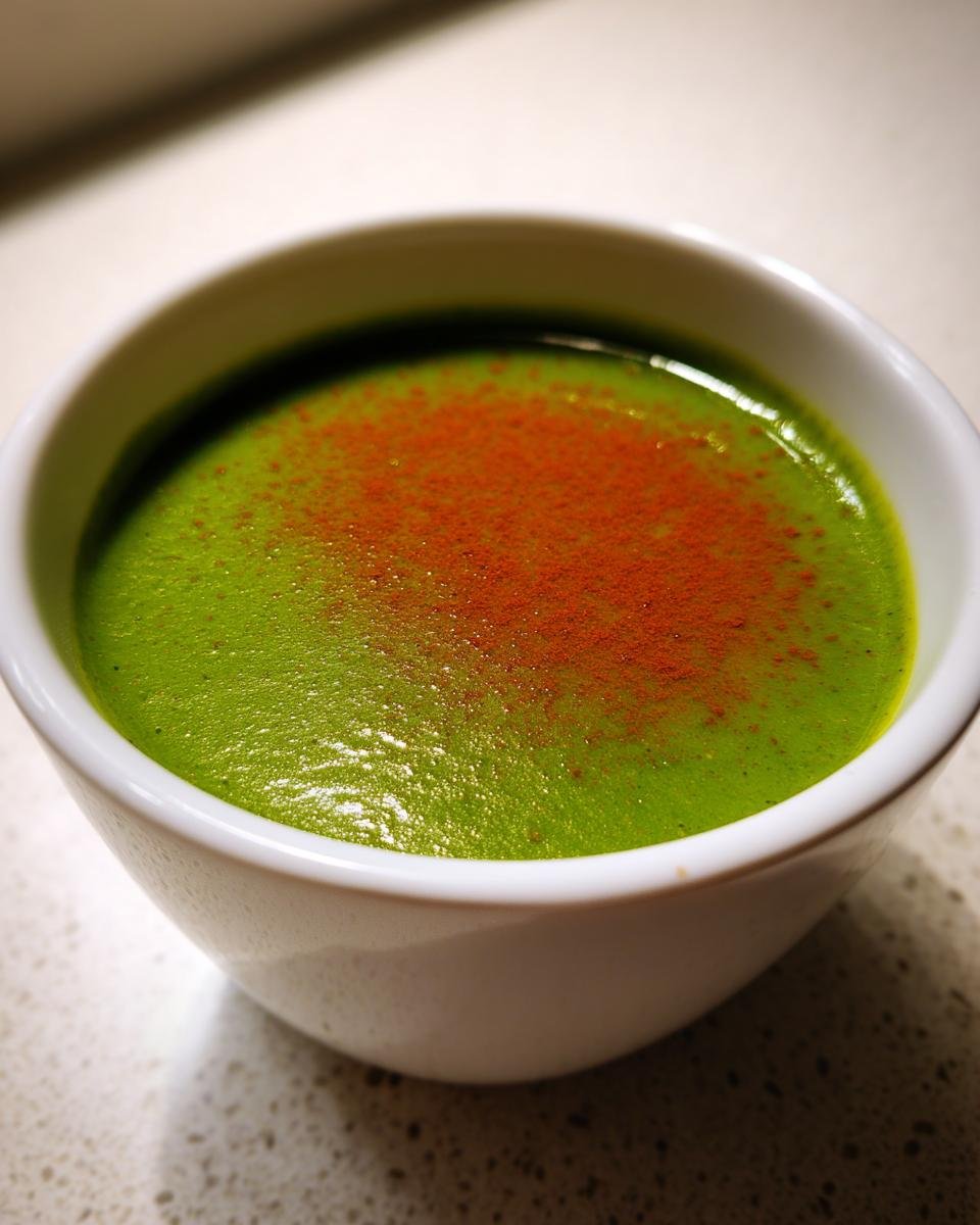 Close-up of vibrant green Spicy Avocado And Tomato Soup topped with red spice in a white bowl.