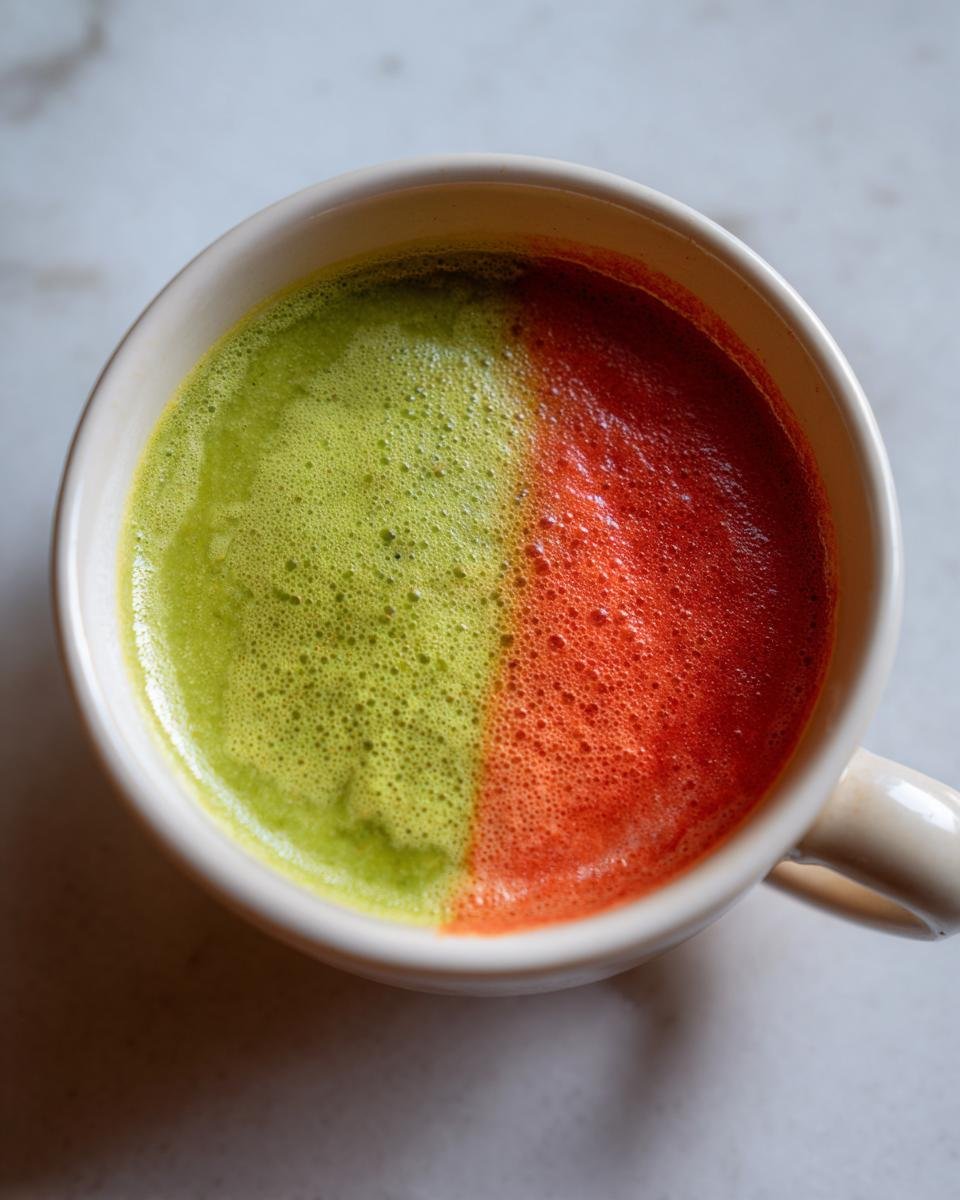 Overhead view of a mug containing Spicy Avocado and Tomato Soup, split into bright green and vibrant red halves.