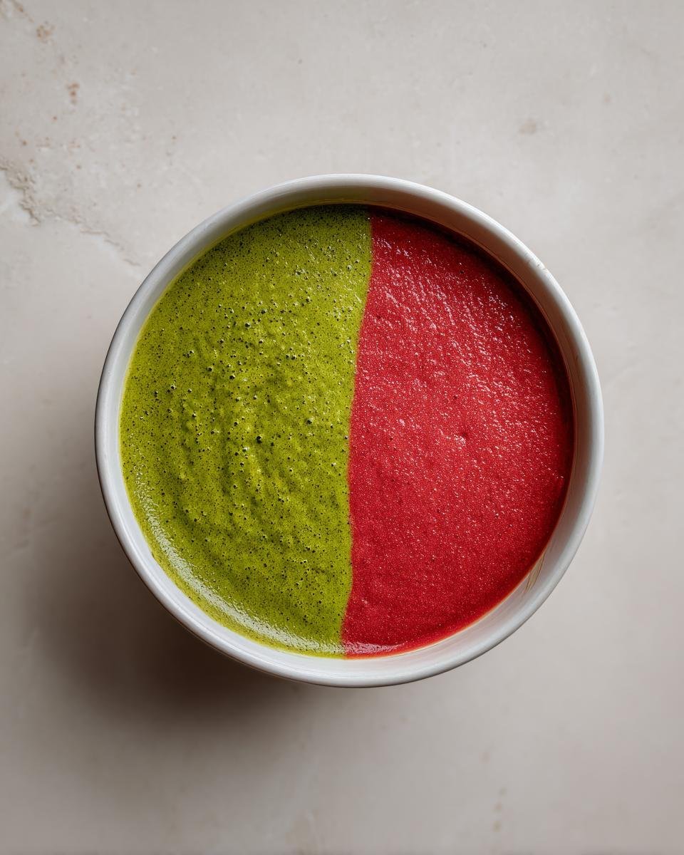 Overhead shot of Spicy Avocado And Tomato Soup served in a bowl, split perfectly between green avocado half and red tomato half.