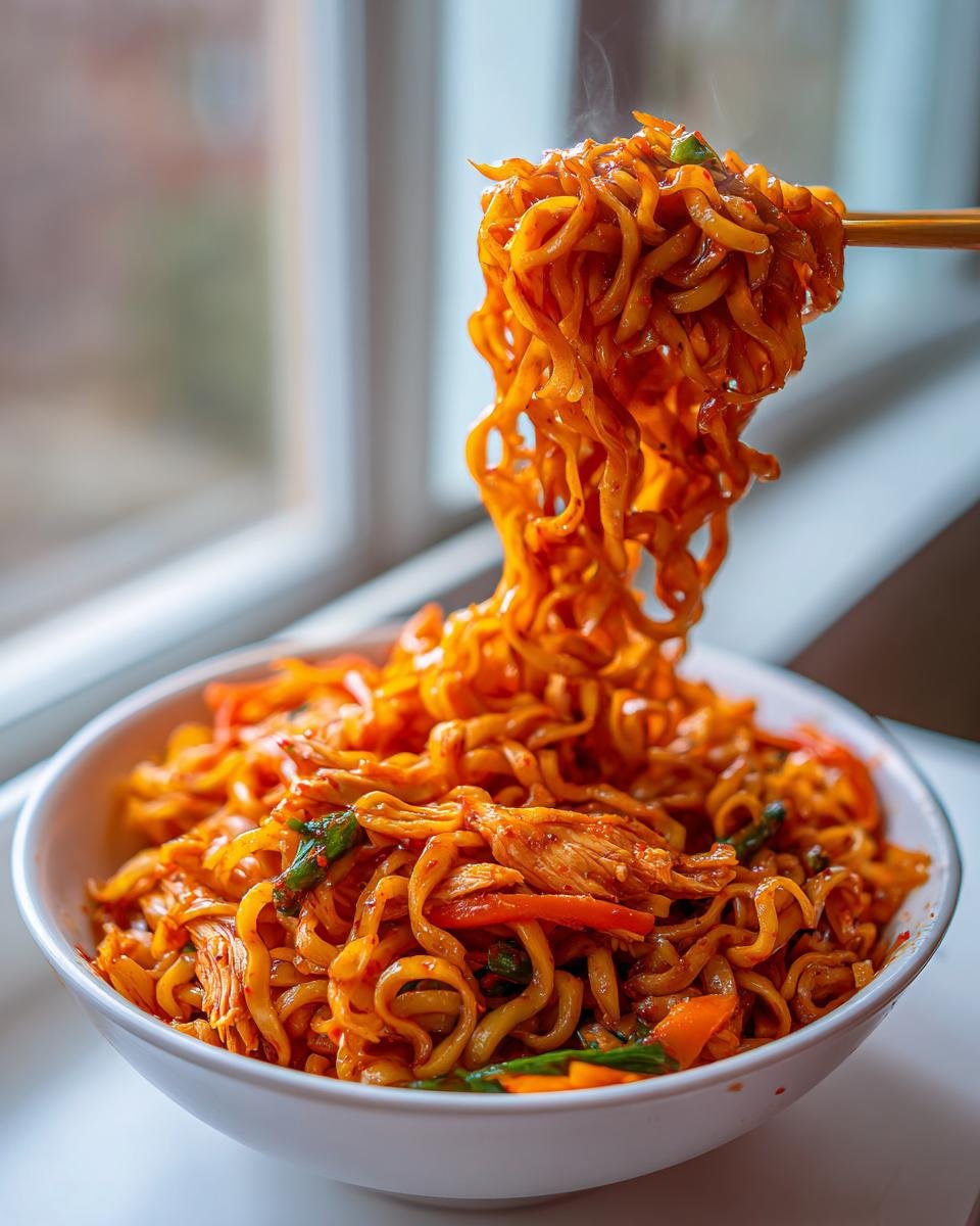 Close-up of steaming Spicy Chili Garlic Ramen With Chicken Veggies being lifted from a white bowl with chopsticks.
