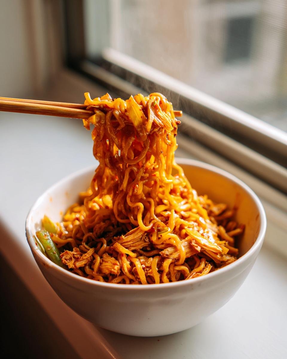 Chopsticks lifting steaming noodles from a bowl of Spicy Chili Garlic Ramen With Chicken Veggies.