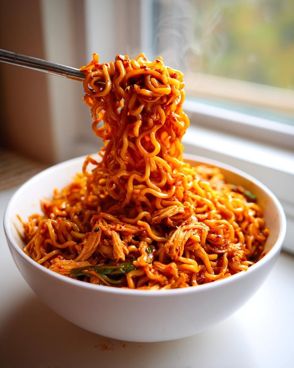 Chopsticks lifting steaming noodles from a bowl of Spicy Chili Garlic Ramen With Chicken Veggies.