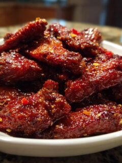 A close-up of glistening, dark red Spicy Party Wings coated in a thick, glossy sauce and sprinkled with chili flakes.