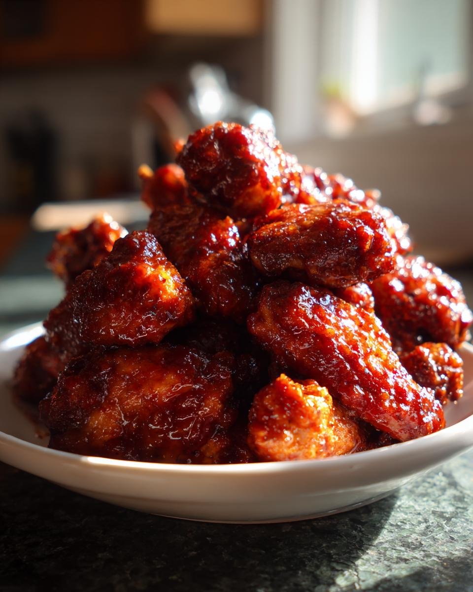 A close-up, low-angle shot of a pile of glistening, saucy Spicy Party Wings served on a white dish.
