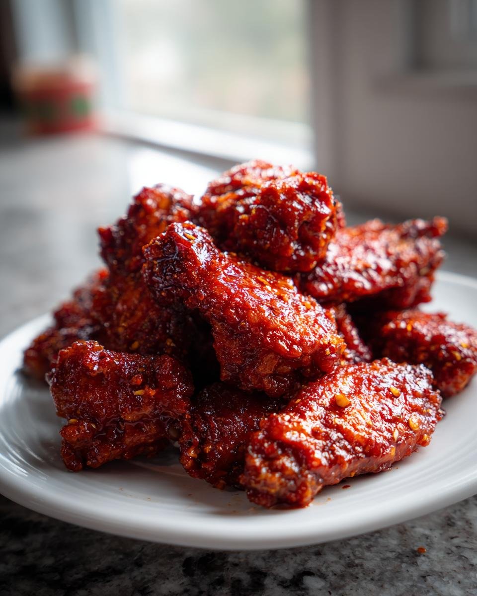 A close-up stack of glistening, deep red Spicy Party Wings coated in a thick, slightly chunky sauce.