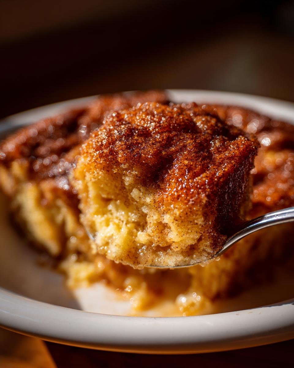 A spoonful of warm, gooey Snickerdoodle Cobbler topped with cinnamon sugar being lifted from a white bowl.