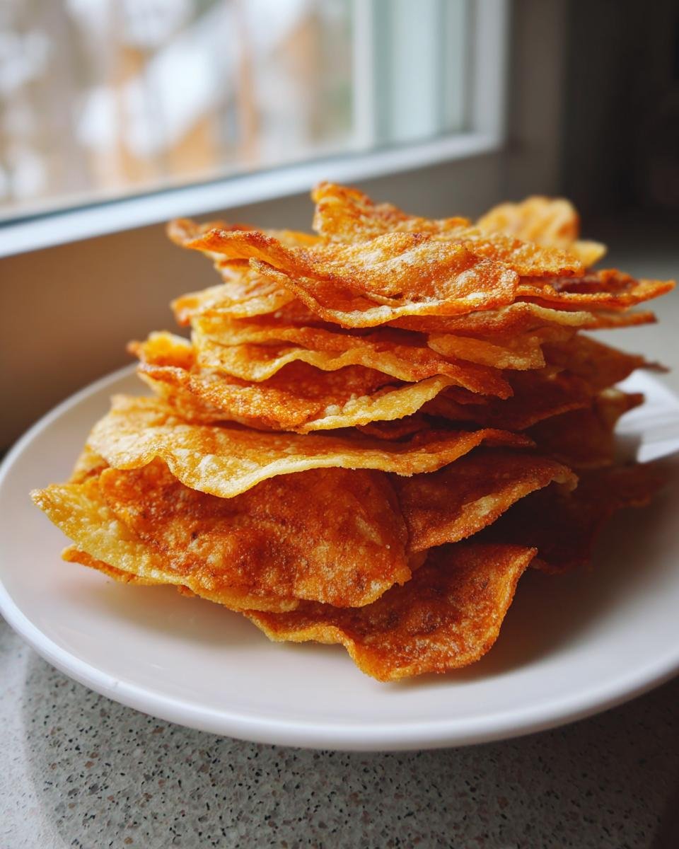 A tall stack of golden brown, crispy 2 Ingredient Easy Pizza Chips piled high on a white plate near a window.