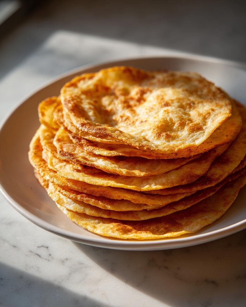 A stack of golden, lightly crisped flatbread rounds ready to be turned into 2 Ingredient Easy Pizza Chips.