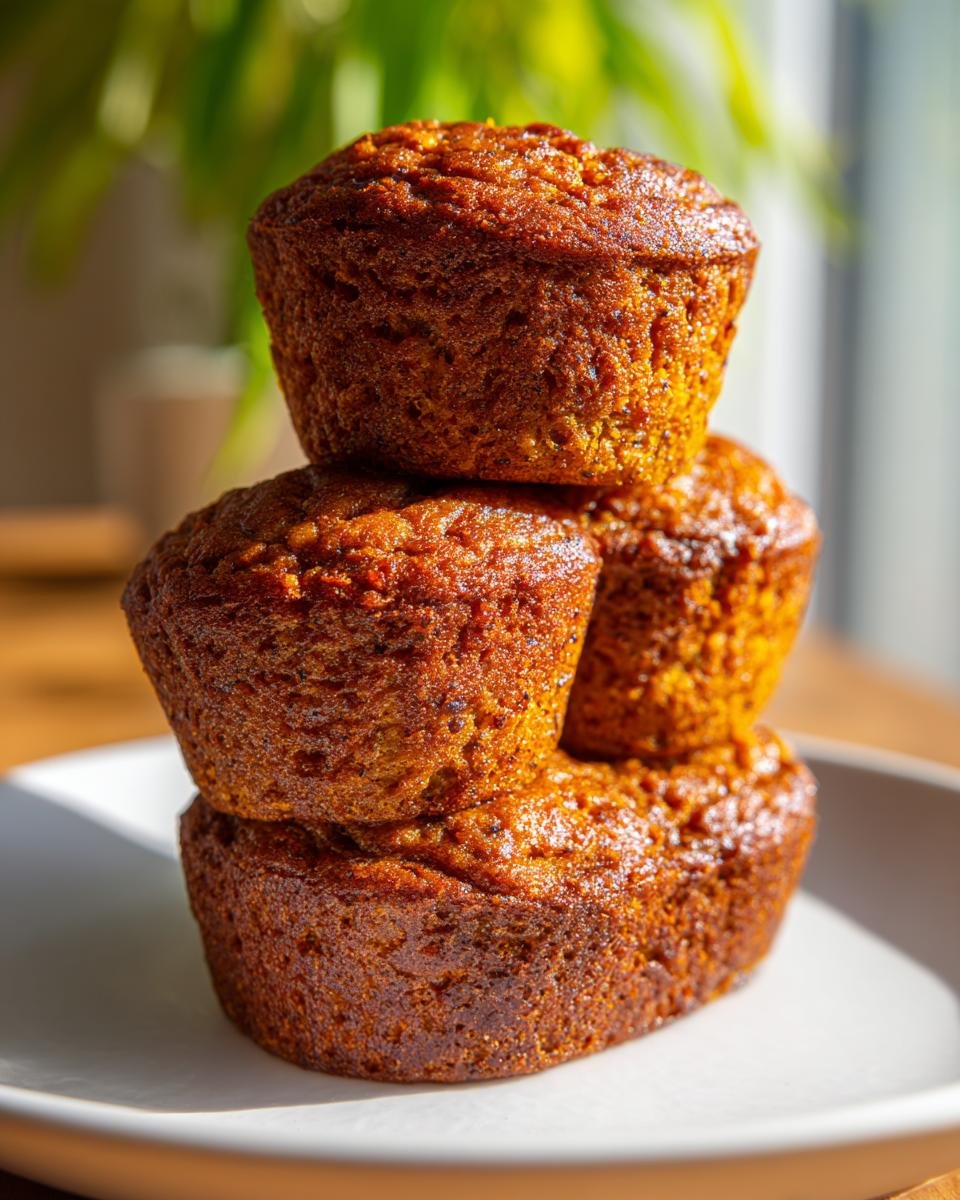 A stack of four moist, golden brown Sweet Potato Muffins sitting on a white plate.