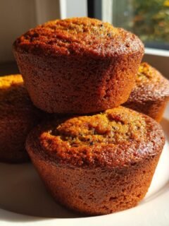 A stack of four perfectly baked, golden brown Sweet Potato Muffins resting on a white plate near a sunny window.