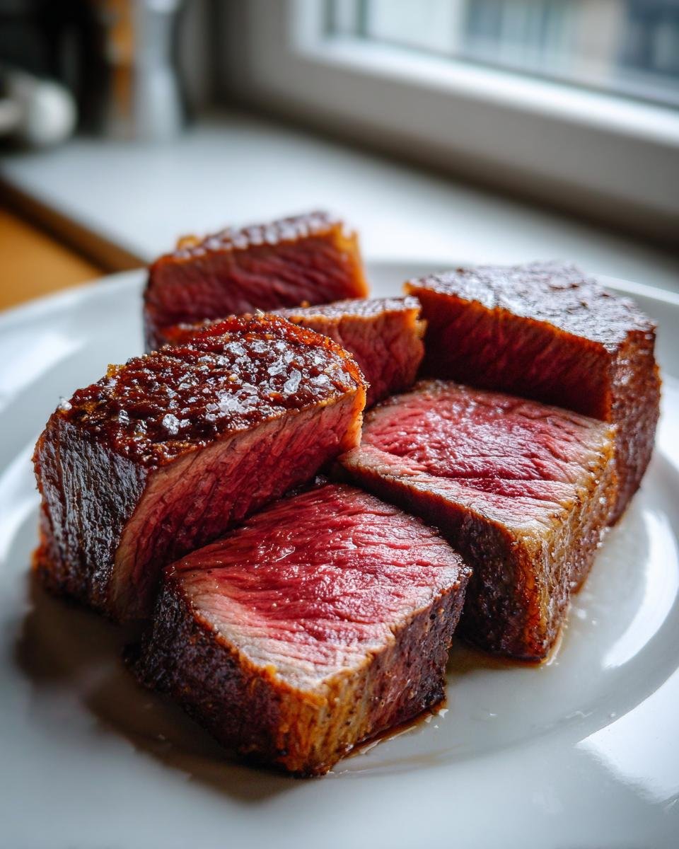 Close-up of medium-rare steak cubes, showing a deep red interior and seared crust, perfect for Brazilian Inspired Recipes.