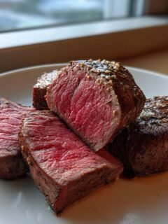 Close-up of medium-rare steak pieces, showing a pink interior, seasoned for Brazilian Inspired Recipes.