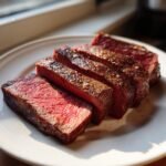 Slices of medium-rare steak seasoned with coarse salt, perfect for Brazilian Inspired Recipes.