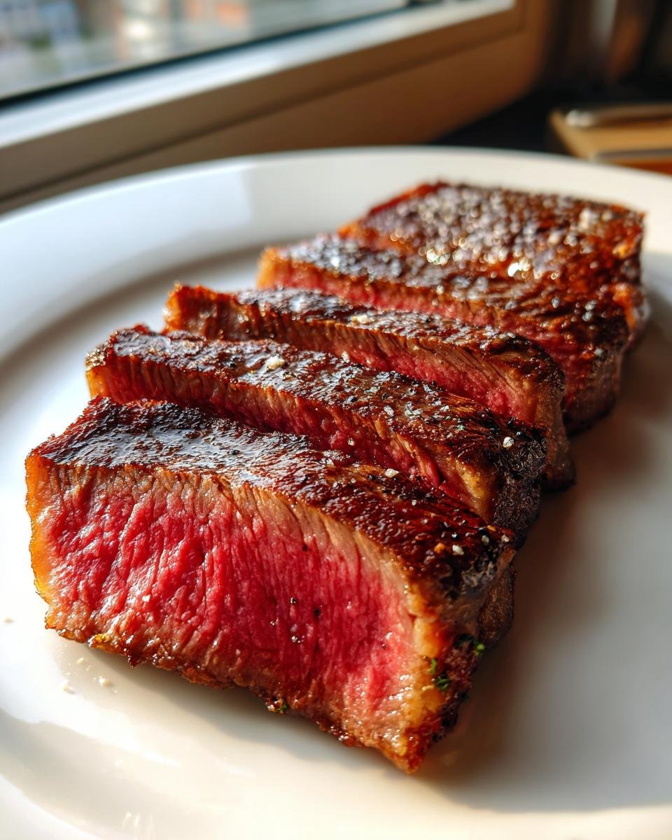 Close-up of medium-rare steak slices seasoned with salt, central to Brazilian Inspired Recipes content.