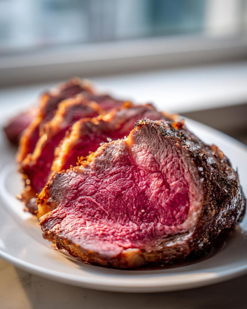 Slices of perfectly cooked, medium-rare steak showing a vibrant pink interior, part of a Brazilian Inspired Recipes feature.