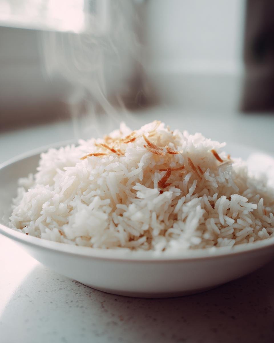 A close-up of a white bowl filled with hot, steaming Coconut Rice, topped with toasted coconut flakes.