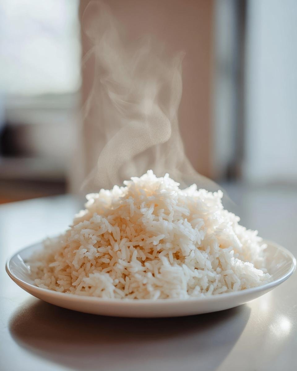 A mound of freshly cooked, steaming white Coconut Rice piled high on a small white plate.