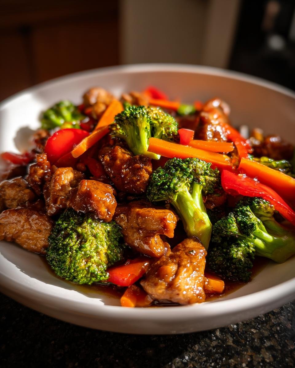 Close-up of a savory stir-fry with glazed chicken, bright green broccoli, and sliced carrots, featured in What To Eat This Week 10 1.