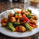 A plate of sweet and sour chicken stir-fry with broccoli, carrots, and peppers served with white rice, perfect for What To Eat This Week 10 15.