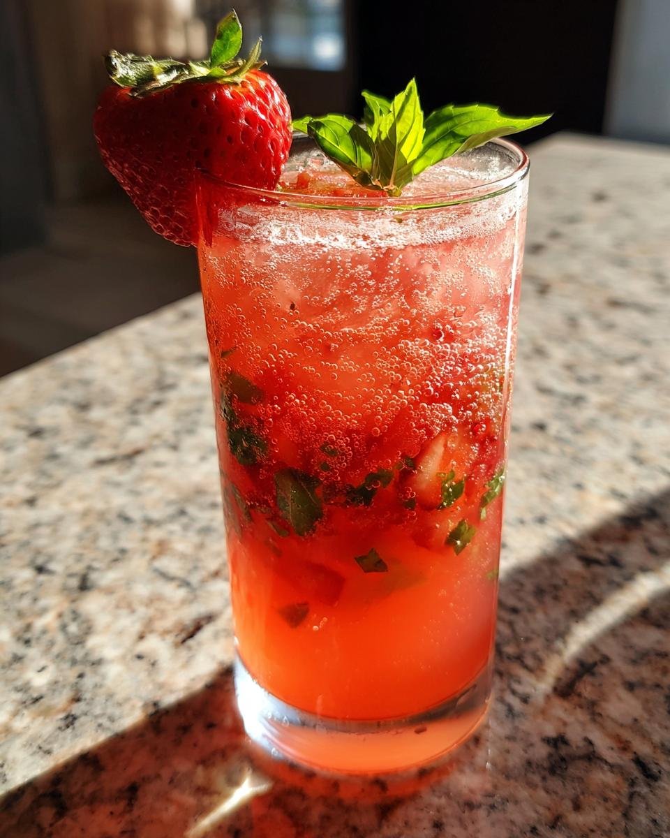 Close-up of a fizzy Strawberry Basil Pineapple Mocktail garnished with a fresh strawberry and basil leaves.