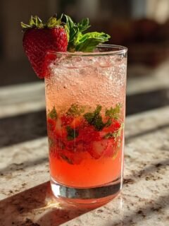 A tall glass of Strawberry Basil Pineapple Mocktail, garnished with a fresh strawberry and mint.