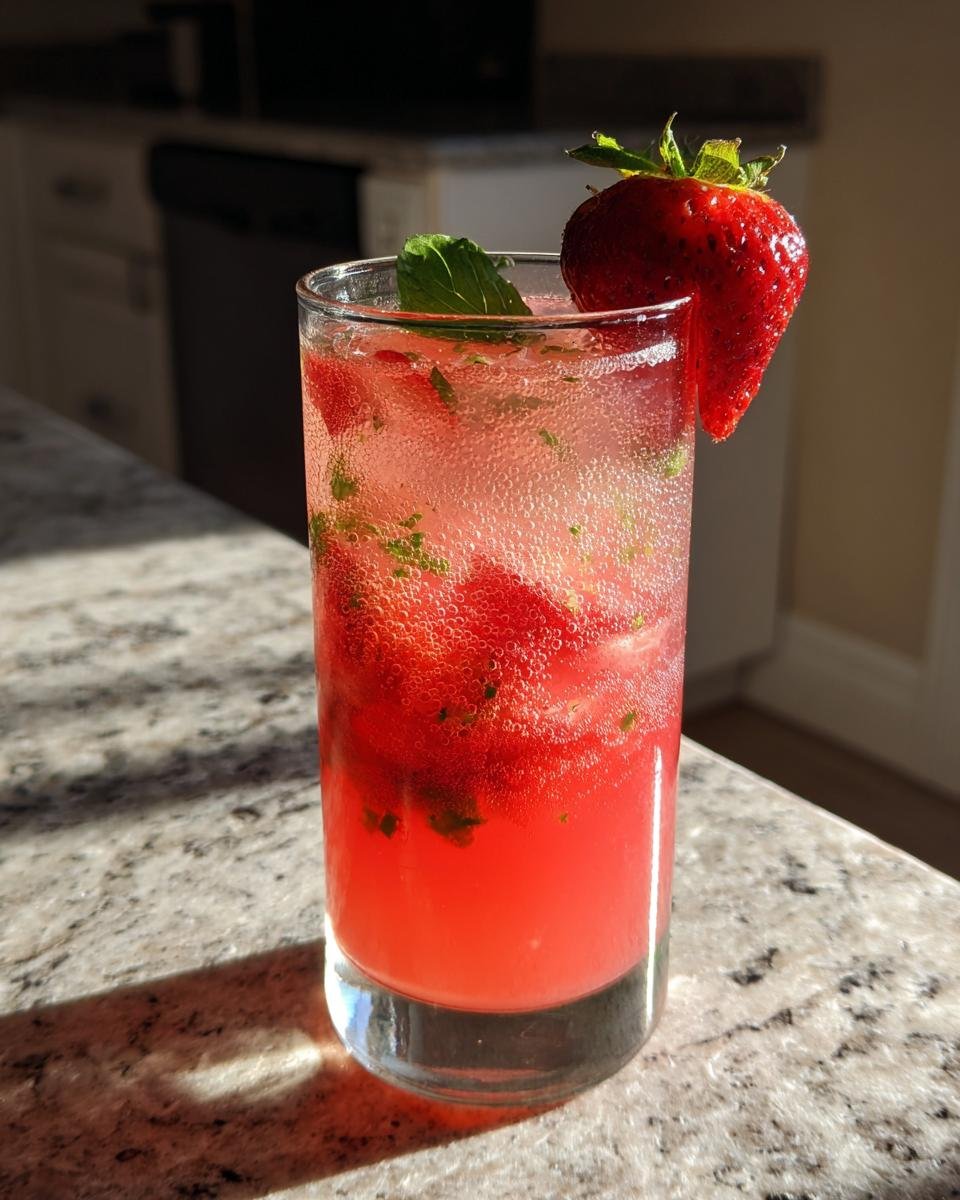 Close-up of a tall glass containing a fizzy Strawberry Basil Pineapple Mocktail garnished with a fresh strawberry.