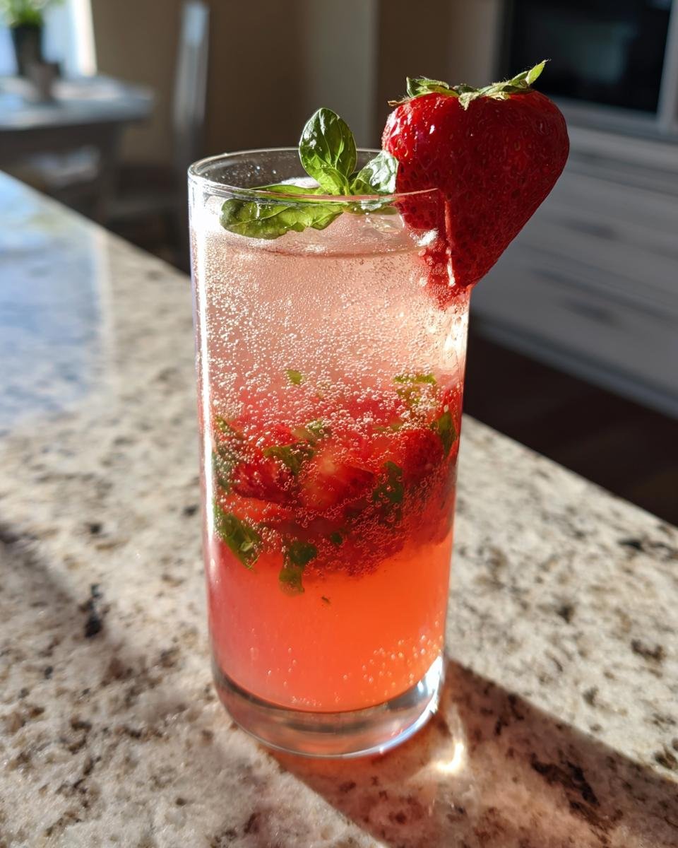 A tall glass of Strawberry Basil Pineapple Mocktail garnished with a fresh strawberry and basil leaf.