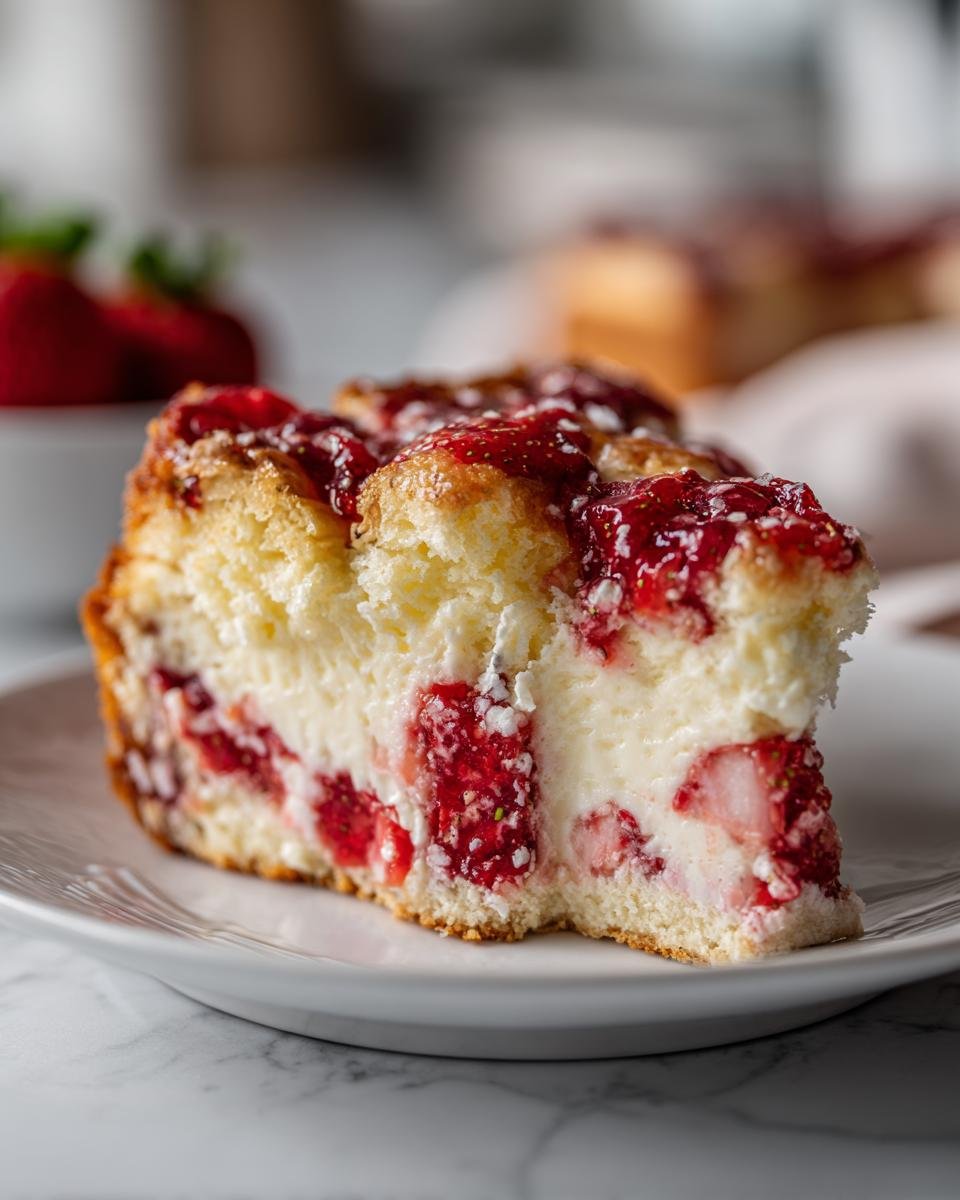 Close-up of a moist slice of Strawberry Cheesecake Dump Cake showing layers of cake, creamy filling, and strawberry chunks.