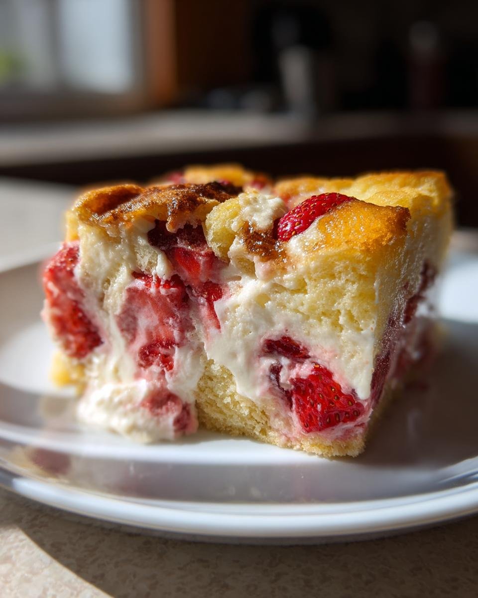 Close-up of a square slice of Strawberry Cheesecake Dump Cake showing layers of cake, creamy filling, and bright red strawberries.