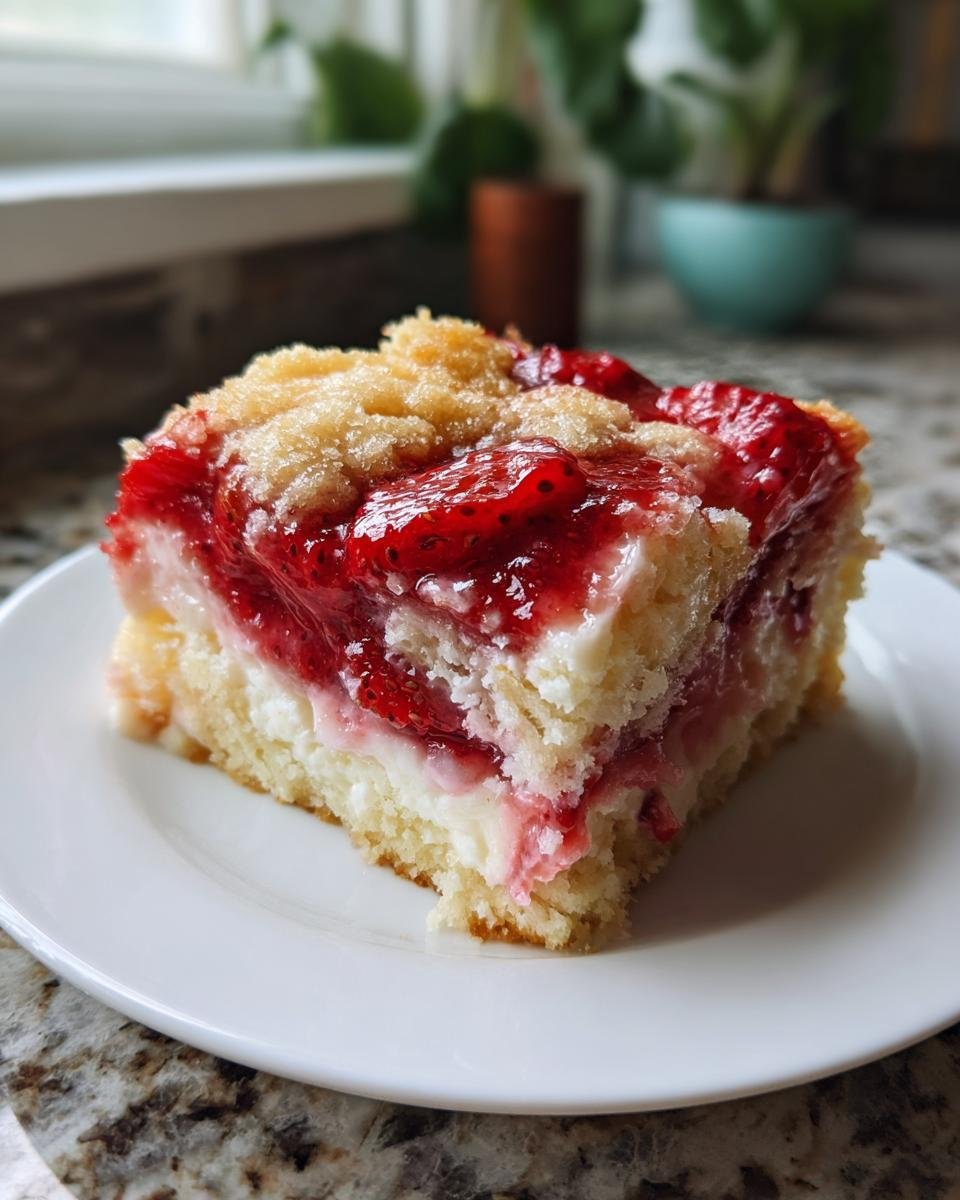 A moist slice of Strawberry Cheesecake Dump Cake featuring layers of cake, creamy filling, and bright red strawberry topping with a crumbly top.
