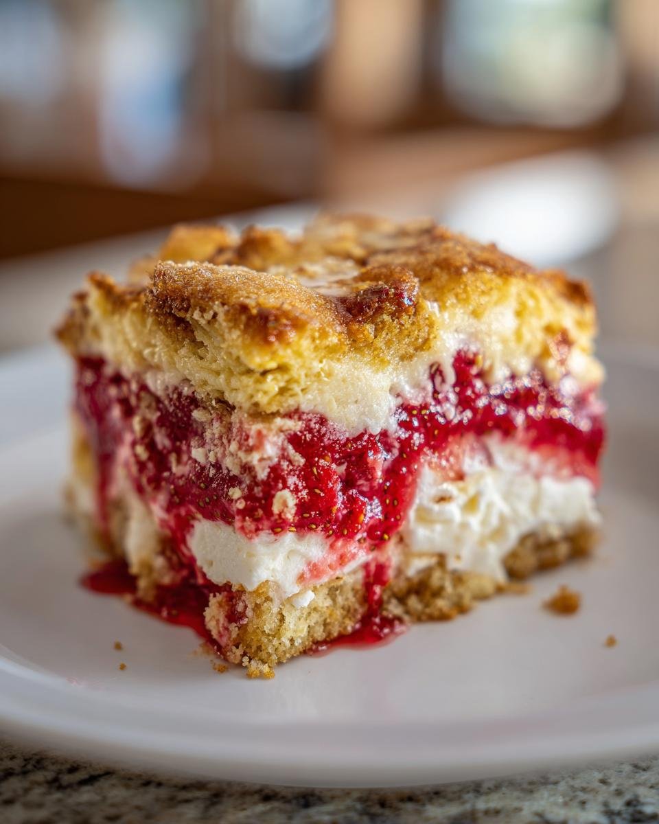 Close-up of a moist slice of Strawberry Cheesecake Dump Cake showing layers of golden crust, creamy filling, and bright red strawberry topping.