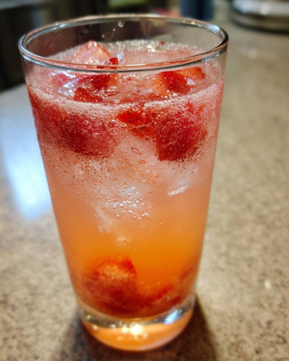 Close-up of a tall glass filled with a fizzy Strawberry Grapefruit Mocktail, featuring ice and chunks of fresh strawberries.