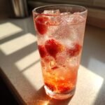 Close-up of a tall glass filled with a bubbly Strawberry Grapefruit Mocktail, ice cubes, and fresh strawberry pieces.