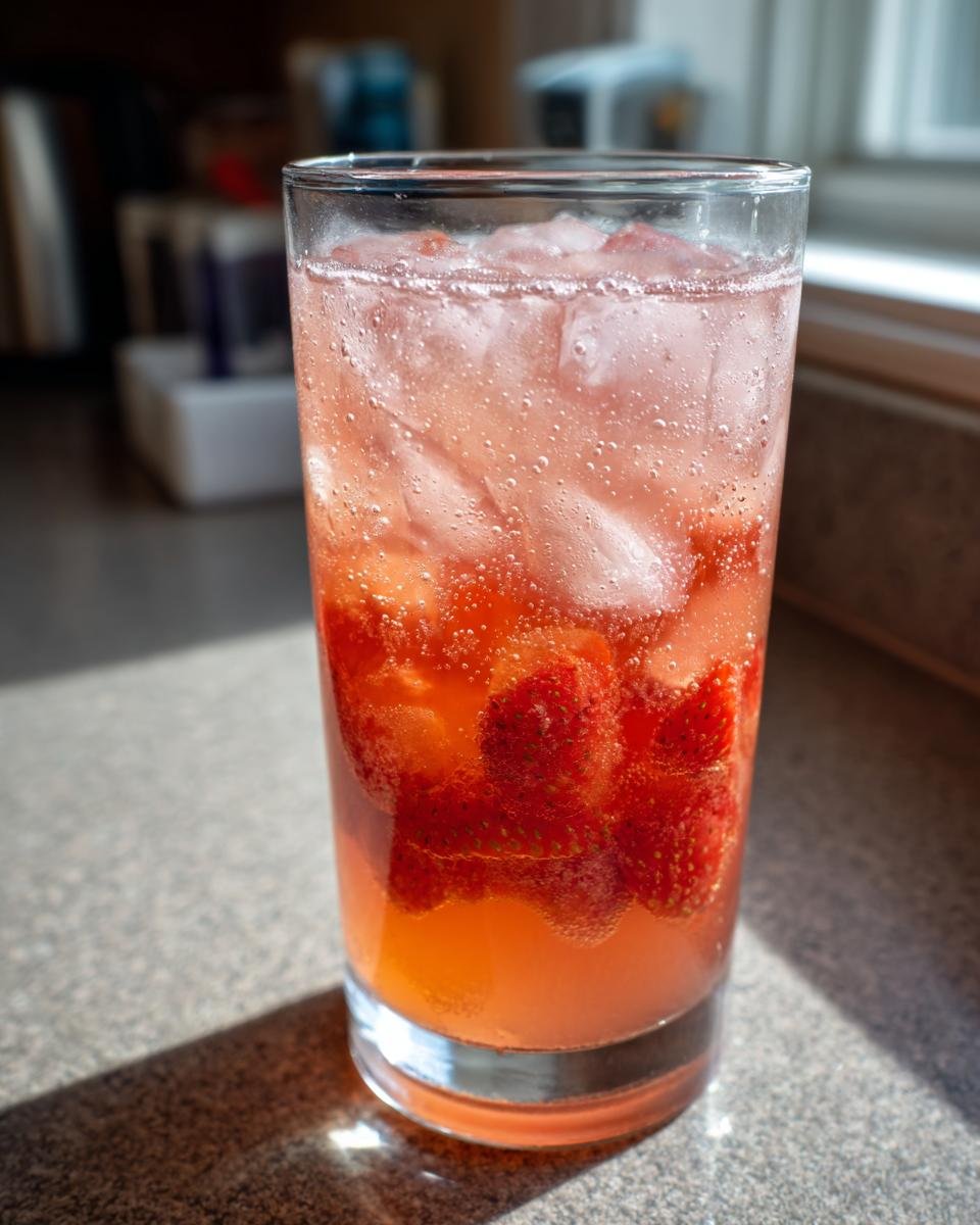 Close-up of a tall glass filled with a pink Strawberry Grapefruit Mocktail, ice cubes, and sliced strawberries.
