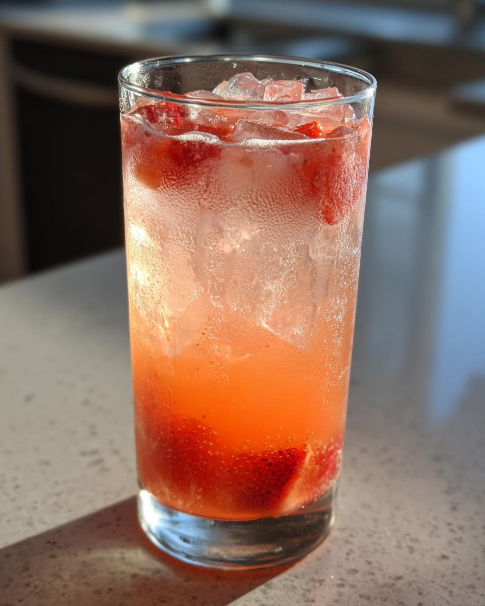 Close-up of a tall, cold glass filled with a Strawberry Grapefruit Mocktail, ice, and fresh strawberry pieces.