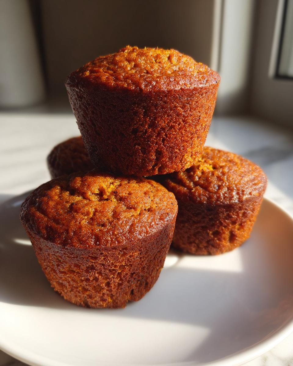 A stack of three perfectly baked, golden brown Sweet Potato Muffins resting on a white plate in bright sunlight.